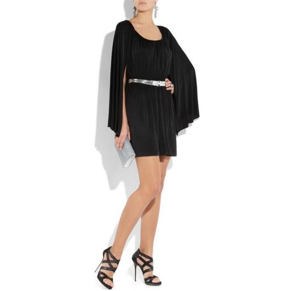 HALSTON HERITAGE Short Cape Shawl Jersey Black Stretch Dress 2 X-small